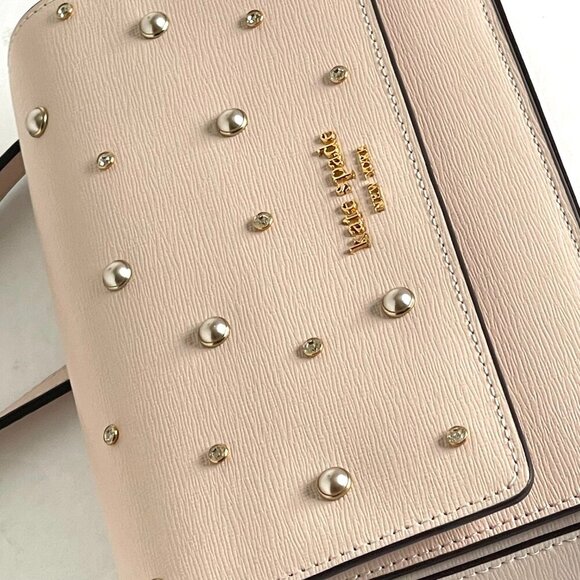 Kate Spade Purl Pearl Flap Shoulder Bag Beige Clutch Chain Wallet Crystals - Picture 6 of 14